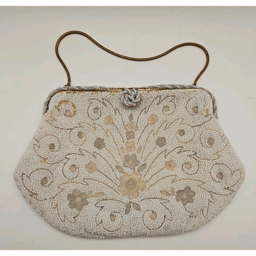 Vintage DELILL Ladies Cream Colored Beaded Handbag / France